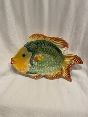 Vintage Neto & Gomes Hand-Painted Green & Yellow Ceramic Fish Serving Dish